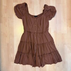 Trixxi | Brown Puffy Sleeve Flowy Mini Dress